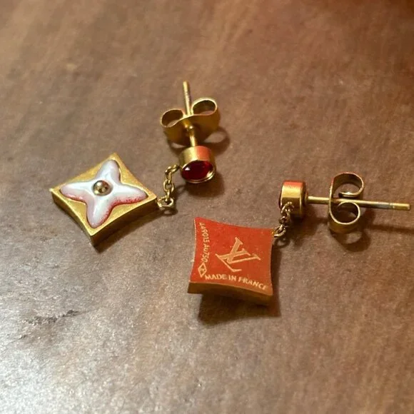 Louis Vuitton 18k Gold & Enamel Flower Drop Earrings Stamped Made In France - Picture 4 of 7